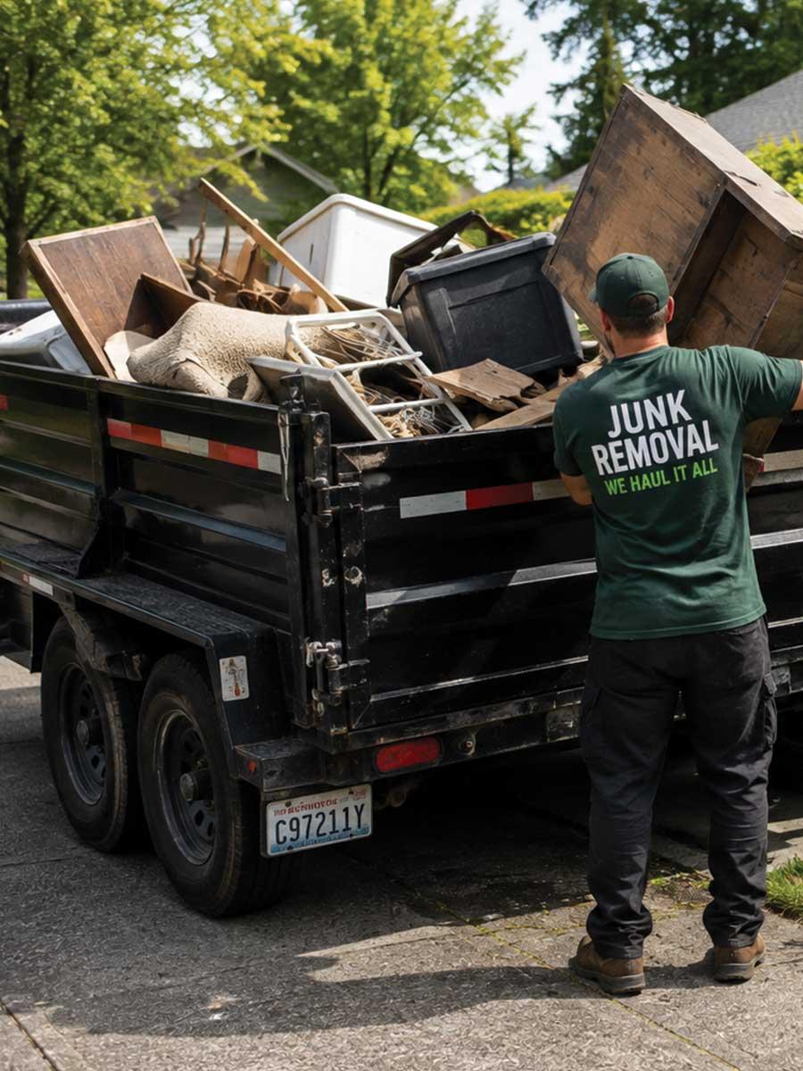 Crew member in a Junk Removal shirt loading old furniture and debris into a dump trailer on a residential driveway